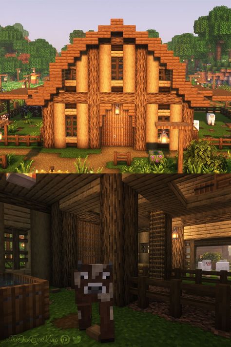 Oak And Spruce House Minecraft, Minecraft Barn Roof Design, Barn Design Minecraft, Spruce Barn Minecraft, Cow Stable Minecraft, Small Birch House Minecraft, Mc Barn Ideas, Cow Enclosure Minecraft, Minecraft General Store