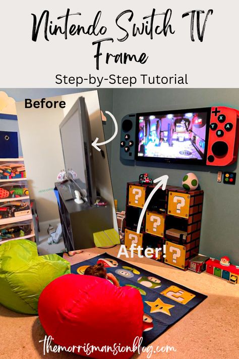 How To Make A TV Nintendo Switch Frame DIY Video Game Room Decor Diy, Small Video Game Room, Game Room Boys Bedroom, Kids Gamer Room Ideas, Nintendo Switch Organization Ideas, Tv Kids Room, Diy Nintendo Switch Case, Nintendo Switch Room, Playstation Room Design