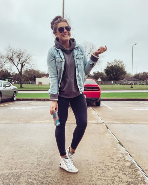 Pretending I’m not freezing and in the rain... but I was! /// Day 2 - and the coaches are already getting better at #ootd pictures😉🤍 Shoes: @goldengoose Jeans: @abercrombie  Hoodie: @nike  Denim Jacket: @americaneagle . . . . #houstonblogger #fashion #fashioninspo #ootd #ootdfashion #newbogger #outfitideas #bloggerfashion #casualstyle #casualoutfit #styleblogger #ltkstyle #ltkcasualstyle #ltkfashion #amazonfashion Jean Jacket Hoodie Outfit Women, Hoodie Denim Jacket Outfits, Cute Cold Rainy Day Outfit, Rainy Shopping Day Outfit, Denim Jacket Hoodie Outfit, Hoodie And Denim Jacket Outfit, Spring Hoodie Outfit, Rainy Day Outfits For Women, Spring Cold Weather Outfit