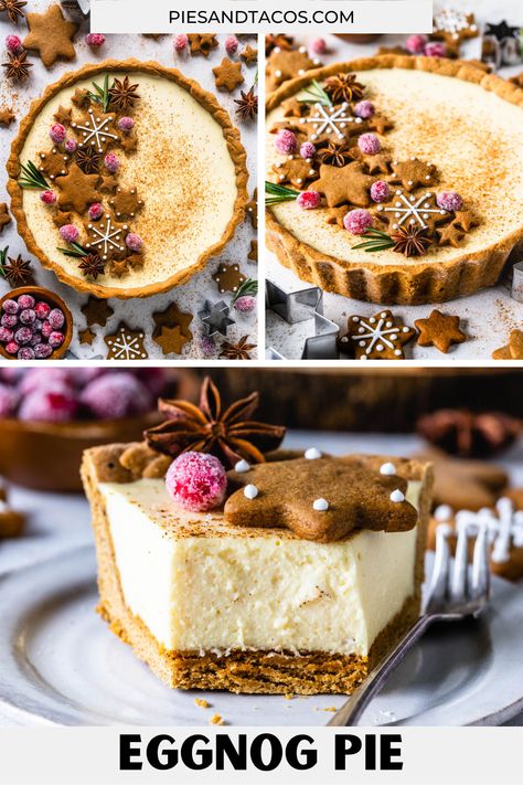 Eggnog pie is the perfect christmas pie! Spiced gingerbread crust filled with creamy eggnog filling, decorated with sugared cranberries! Eggnog Chiffon Pie, Gingerbread Crust Pie, Eggnog Custard Tart, Holiday Tarts Christmas Desserts, Eggnog Custard Pie, Christmas Pie Recipes Holidays, Pies For Christmas Desserts, Christmas Pies Recipes Holidays, Eggnog Tart