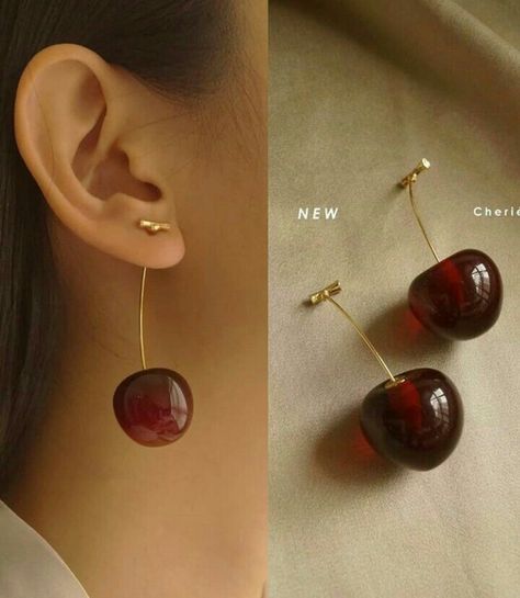 Minimalist Accessories Jewellery, Artsy Earrings, Cherry Drop Earrings, Aesthetic Earrings, Earrings Aesthetic, Fruit Jewelry, Cherry Earrings, Indian Jewelry Sets, Cute Aesthetic