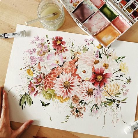 Wedding Bouquet Painting, Girls Room Paint, Whimsical Cottage, Bouquet Painting, Flower Preservation, Floral Work, Anniversary Flowers, Unique Watercolor, Watercolor Bouquet