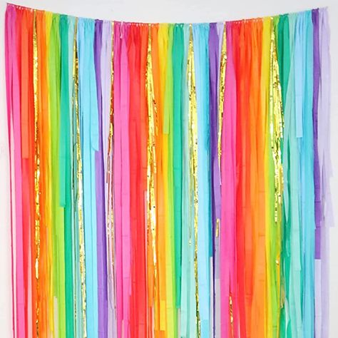 Crepe Paper Curtain Backdrop, 60s Party Themes, Backyard Bbq Birthday Party, Rainbow Streamers, Ceiling Streamers, Tinsel Curtain, Classroom Aesthetic, Bbq Birthday Party, Photo Booth Party