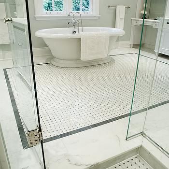 Another example of basketweave floor with black and white border around perimeter - Marble Basketweave Tiles Floor Tile Border, Basketweave Tile Bathroom, Basketweave Tile Floor, Basketweave Tile, Marble Basketweave, Grey Marble Bathroom, Marble Shower Tile, Master Bath Tile, Large Tiles