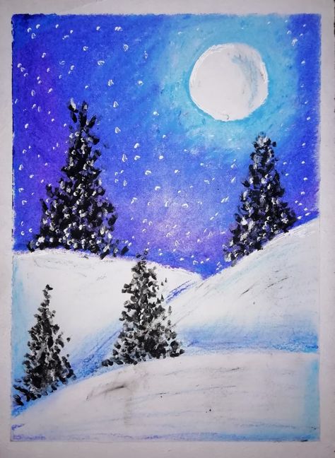 easy steps for beginers. Watch my youtube channel for more videos Winter Season Drawing Oil Pastel, Snow Drawing Easy, Easy Winter Drawings, Winter Drawings Easy, Scenery Drawing Easy, Snow Scenery, Oil Pastel Landscape, Winter Drawings, Scenery Drawing