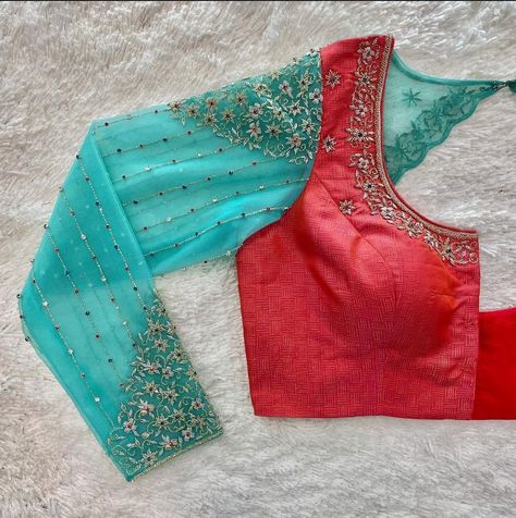 Aari Work On Netted Blouse, Net Aari Work Blouse Designs Full Hand, Neted Blouse Designs Latest, Net Work Blouse Designs, Net Embroidery Blouse, Brocade Blouse Designs, Blouse Maggam Work, Work Blouse Designs, Netted Blouse Designs