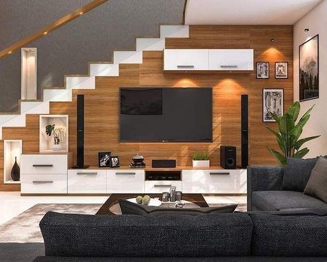 Led Panel Under Stairs, Tv Cabinet Under Stairs Ideas, Staircase Cabinet Design, Tv Unit Under Staircase Living Rooms, Staircase Cabinet, Under Staircase Ideas, Living Room Under Stairs, टीवी यूनिट, Under Stairs Space