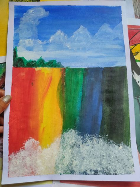 Paint a rainbow waterfall using acrylic colours easily Art Camp Ideas, Rainbow Waterfall, Waterfall Painting, Waterfall Paintings, Acrylic Colours, Simple Canvas Paintings, Art Camp, Camp Ideas, Camping Art