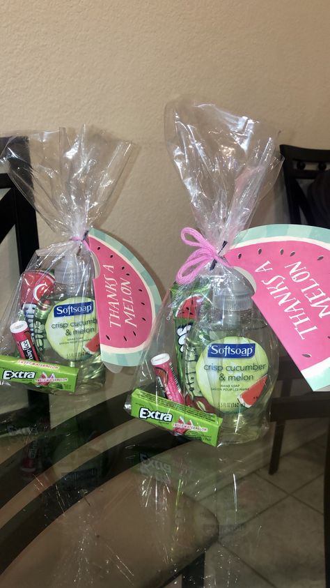 Watermelon Theme Party Favors, Watermelon Teacher Appreciation Gift, Diy Work Gifts, One In A Melon Gift Basket, Summer Appreciation Gifts, All Things Strawberry, Teacher Party Favors, Fruit Themed Gifts, Fruit Party Favors