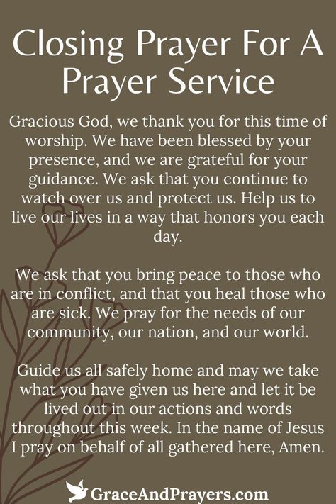 As we conclude our time together, let us offer a closing prayer that echoes our gratitude for the moments shared in God's presence.

We thank Him for the guidance received, the strength renewed, and the peace bestowed upon us. May we carry these blessings into our lives, reflecting His love and light to all we meet.

Seal your prayer service with this heartfelt benediction, inviting continued divine companionship by reading more at Grace and Prayers. Closing Bible Study Prayers, Closing Prayer For Church Service, Prayer Request Ideas, Closing Prayer For Bible Study, Opening Prayer For Church Service, Closing Prayer For Meeting, Benediction Prayer, Prayers Ideas, Sunday School Prayer