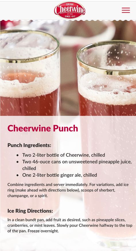 Cheerwine Punch Cheerwine Punch, Cheerwine Recipes, Fruit Punch Recipe, Halloween Finger, Halloween Finger Foods, Pineapple Chicken Recipes, Christmas Drinks Recipes, Christmas Punch Recipes, Party Drinks Alcohol