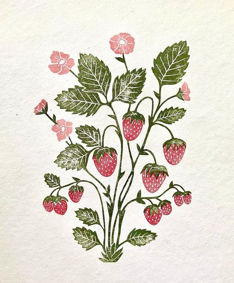 Danielle Lee ART �• Printmaker on Instagram: “Soooo as much as I like how this print turned out, it admittedly took me a bunch of test printing and wasted paper and time to get to this…” Strawberry Leaves Drawing, Strawberry Linocut, Dna Drawing, Strawberry Drawing, Strawberry Tattoo, Strawberry Art, Strawberry Leaves, Color Me Mine, Strawberry Design