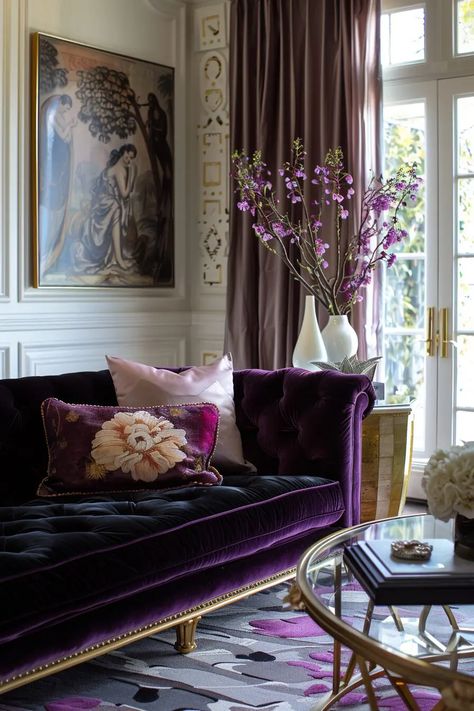 Dark Pink Couch Living Room, Velvet Couch Living Room Ideas, Dark Purple Living Room, Plum Living Room, Elegant Apartment Decor, Mauve Living Room, Hollywood Regency Living Room, Velvet Couch Living Room, Purple Velvet Sofa