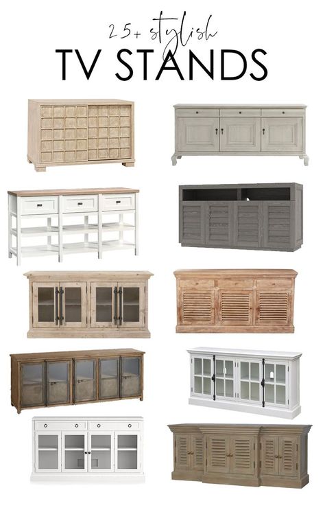 A collection of more than 25 stylish TV stands that work well for so many design styles. I love that there is one included for every budget. So many great media stand finds! Cottage Tv Stand, Coastal Tv Stand, Tv Stand Ideas, Media Stands, White Tv Stand, Tv Area, Tv Stand Decor, White Tv Stands, Farmhouse Tv Stand