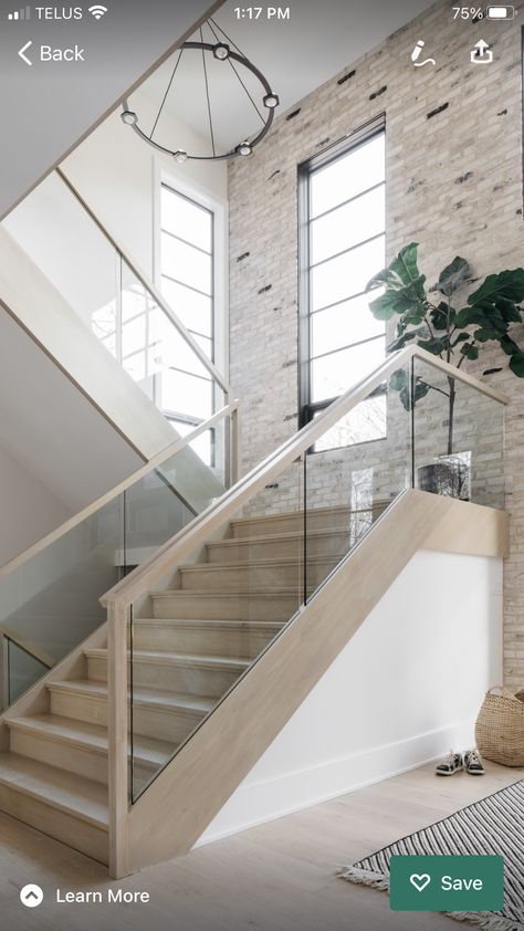 Staircase Glass Design, Glass Staircase Railing, Glass Stair, House Development, Glass Railing Stairs, Built In Bench Seating, Transitional Staircase, Transitional Interior Design, Glass Stairs