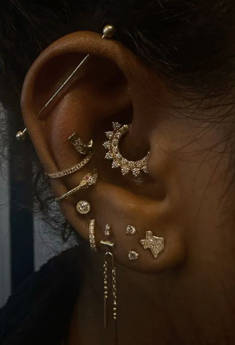 Gold Earscapes, All Ear Piercings, Ear Piercings Ideas, Gold Piercings, Minimalist Ear Piercings, Unique Ear Piercings, Ear Peircings, Dope Jewelry Accessories, Piercing Inspo