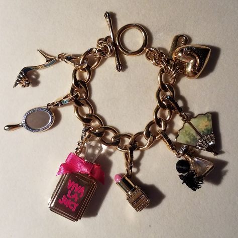 2000s Charm Bracelet, Juicy Couture Charms Bracelet, Juicy Couture Bracelet, Juicy Couture Jewelry, Belly Piercing Jewelry, Juicy Couture Charms, Stacked Jewelry, Funky Jewelry, Jewelry Lookbook