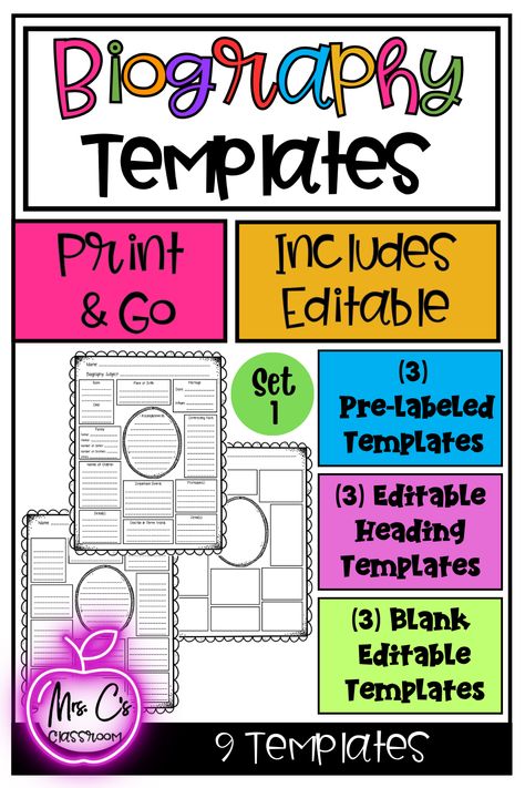 Biography Graphic Organizer Templates for upper elementary grades / middle school classrooms or homeschool students. There are 9 templates: (3)Pre-labeled, (3) Editable Heading, and (3) Editable Blank. Useful with Langauage Arts and History (Social Studies) projects. Biography Project Elementary, Biography Graphic Organizer, Biography Template, Biography Project, Graphic Organizer Template, Social Studies Projects, School Grades, Middle School Classroom, Busy Teacher