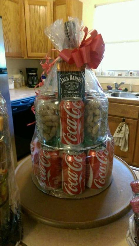 Jack And Coke Gift Basket, Jack And Coke Gift, Gift Basket Ideas For Friends, Basket Ideas For Friends, Alcohol Gift Baskets, Coke Gifts, Liquor Gift Baskets, Liquor Bouquet, Gift Card Tree