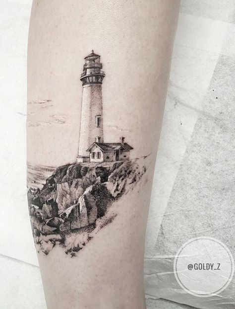 Lighthouse Tattoo Linework, Lighthouse Mountain Tattoo, Cliff Tattoo Ocean, Lighthouse Tattoo Design Realistic, Feminine Lighthouse Tattoo, Realistic Lighthouse Tattoo, Lighthouse Tattoo For Women, Small Lighthouse Tattoo, Light House Tattoo