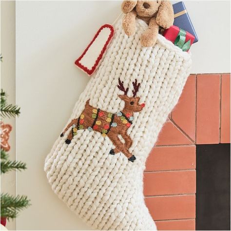 Chunky Knit Sweater Stocking - Reindeer | West Elm Diy Chunky Knit Stocking, Stocking Pattern Sewing, Crochet Chunky Stocking, Crochet Christmas Stocking Chunky Yarn, Chunky Knit Christmas Stocking, Kids Christmas Stocking, Knit Christmas Stocking With Name, Chunky Knit Sweater, Stocking Holders