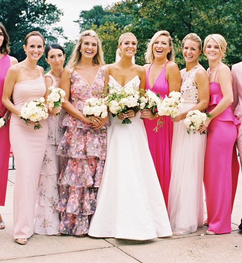 These 'Pretty in Pink' Mix-and-Match Bridesmaids Dresses are Everything Hot Pink Bridesmaid Dresses, Hot Pink Bridesmaids, Neon Prom Dresses, Pink Bridesmaids, Hot Pink Weddings, Vestidos Color Rosa, Floral Bridesmaid Dresses, Pink Bridesmaid Dress, Floral Bridesmaid