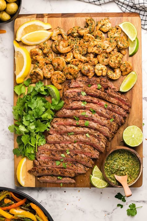 Surf And Turf Dinner, Surf N Turf Recipes, Chimichurri Steak, Surf N Turf, Meal For Two, Steak And Shrimp, Juicy Shrimp, Surf And Turf, The Perfect Date