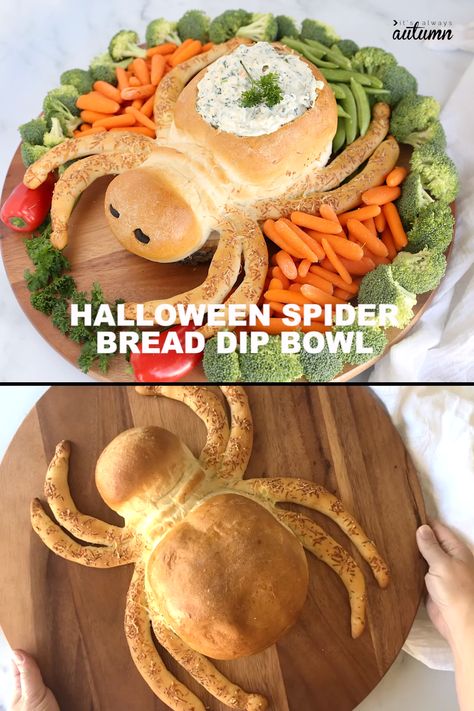 Bread Dip Bowl, Spider Bread, Fun Halloween Appetizers, Snack Halloween, Dip Food, Halloween Appetizer, Bowl Bread, Postres Halloween, Recetas Halloween