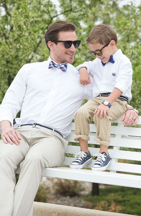 Celebrate Dad’s great style this Father’s Day with the perfect “little man” outfit. On dad: Apt. 9 slim fit dress shirt, Dockers Signature slim-fit pants, Chaps Alpine checked bow tie. On kid: Chaps button-down shirt, bow tie and chinos and Converse sneakers. Find a stylish Father’s Day gift at Kohl’s. Father And Son Outfits, Father Son Matching Outfits, Father Son Photography, Father Son Outfits, Son Outfits, Day Outfits, Dad Son, Mom Baby, Clothing Photography