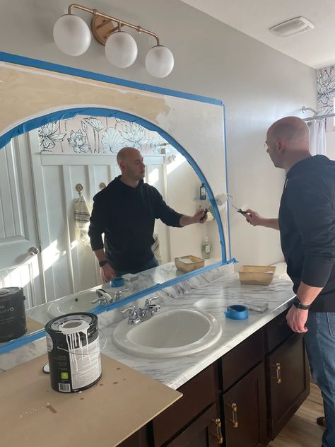 Bathroom Update (DIY Arched Mirror Hack and Lots More!) Diy Arched Mirror, Round Mirror Decor Ideas, Update Bathroom Mirror, Bathroom Update Diy, Arch Mirror Bathroom, Flooring Lvp, Bathroom Mirror Makeover, Kitchen Sink Decor, Mirror Hack