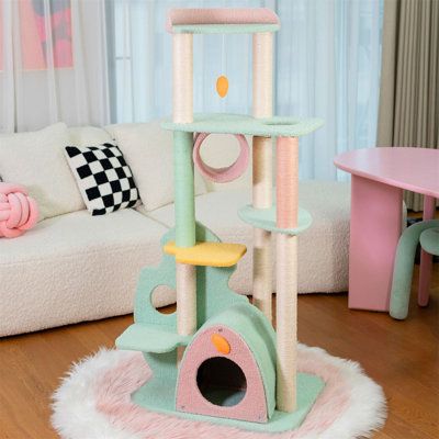 Kawaii Cat Tree, Pastel Lounge Room, Cat Things Products, Cute Cat Accessories, Cute Cat Tree, Cat Homes, Unique Cat Trees, Cat Playhouse, Kawaii Decor