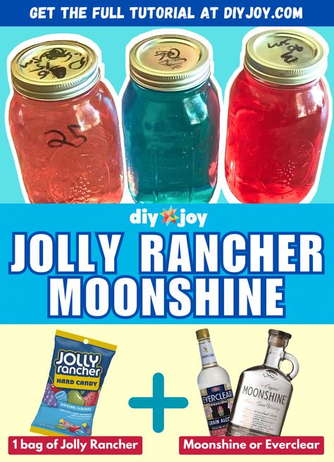 Jolly Rancher Moonshine Jolly Rancher Moonshine, Everclear Recipes, Everclear Drinks, Moonshine Recipes Homemade, Jolly Rancher Flavors, Ole Smoky Moonshine, Moonshine Recipe, Apple Pie Moonshine, Jolly Ranchers