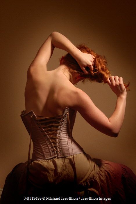 Woman From Behind Photography, Vintage Corset Photoshoot, Woman From Behind Reference, Victorian Photoshoot Ideas, Poses From Behind Reference, Corset Poses, Looking Behind Pose, Photography From Behind, Poses From Behind