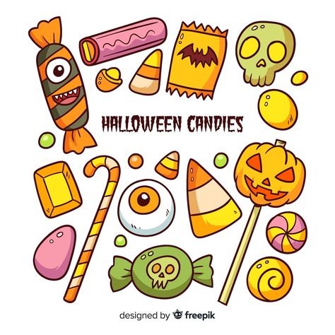 Free Vector | Halloween candy collection Candy Illustration Cute, Halloween Candy Doodles, Halloween Decorations Drawings, Halloween Candy Illustration, Halloween Candy Drawing, Halloween Candy Art, Candy Drawings, Ghost Drawings, Candy Vector