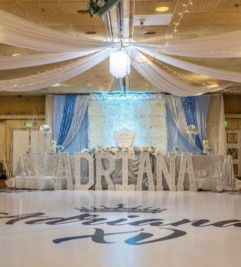 Cinderella Sweet 16 Decorations, Quinceanera Venue, Quince Court, Cinderella Quince, Light Blue Quinceanera Dresses, Cinderella Quinceanera Themes, Light Blue Quince, Cinderella Sweet 16, Cinderella Quinceanera