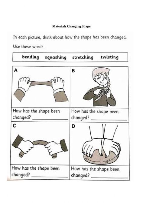 Science - Materials Changing Shape worksheet Changing Materials Science, Changing Materials Science Worksheet, Materials Worksheet Science, Science Questions For Kids, Capacity Worksheets, Shape Worksheet, Science Materials, Force Activities, Grade 3 Science