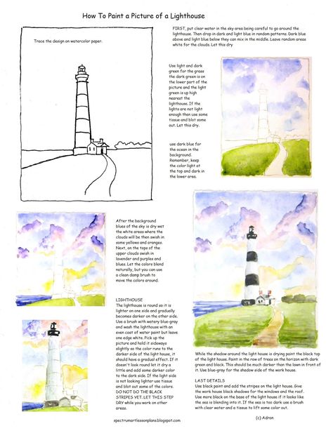 A free printable how to paint a picture of a lighthouse worksheet for the young artist. Garden Lamp Post, Paint A Picture, Lighthouse Painting, Watercolor Tips, Watercolor Paintings For Beginners, Watercolor Lessons, Free Printable Art, Watercolor Projects, Watercolor Paintings Easy