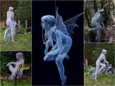 Garden Art Sculptures Cement, Wire Fairies, Chicken Wire Ghost, Wire Ghosts, Chicken Wire Sculpture, Fantasy Wire, Chicken Wire Art, Chicken Wire Crafts, Wire Sculptures