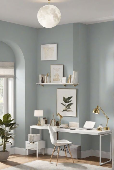 home decor, interior design, space planning, living room interior Soothing Colors For Office, Light Office Paint Colors, Light Blue Study Aesthetic, Paint Color For Home Office, Sw Pale Oak, Dusty Blue Walls, Pale Oak Vs Edgecomb Gray, Home Office Colour Scheme, Home Office Wall Color Ideas