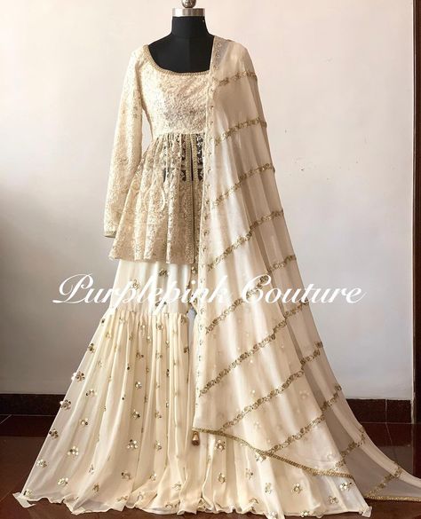 Purplepink Couture on Instagram: “Kia off white gharara with peplum top and georgette embroidered dupatta Outfit details Top: net base intricate thread and sequins…” Casual Gharara, Peplum Top Outfits Indian, White Gharara, Sequins Flowers, Peplum Top Outfits, Gharara Designs, White Peplum Top, Peplum Design, Nikah Dress