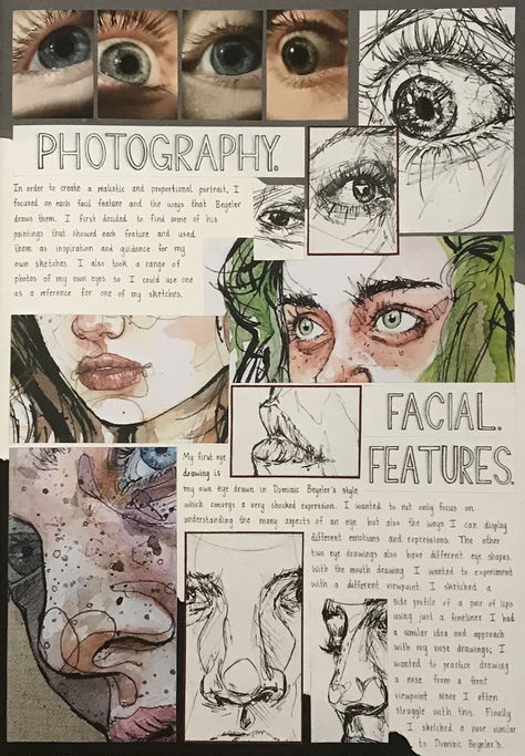 Facial Features Sketchbook Page, A Level Art Inspiration, Visual Art Diary Aesthetic, Gcse Art Book Layout Ideas, Gcse Art Photography, Dominic Beyeler Artist Research, Art Book Ideas Sketchbooks Inspiration, College Portfolio Ideas Art, Art Portfolio Aesthetic