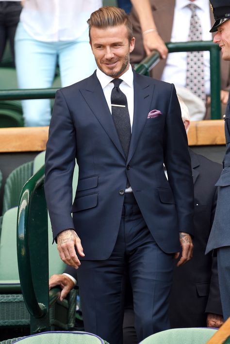 The David Beckham Look Book | GQ Beckham Suit, David Beckham Suit, David Beckham Style, A Man In A Suit, Man In A Suit, Blue Suit Men, Entertainment Table, Designer Suits For Men, Navy Blue Suit