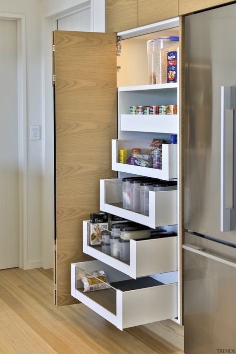 Sculptural by the sea - Gallery - 11 | Trends Storage Hacks Kitchen, Storage Solutions Kitchen, Remodel Kitchen Cabinets, Kitchen Storage Pantry, Kitchen Storage Cabinets, Modern Kitchen Apartment, Small Kitchen Pantry, Storage Ideas For Small Spaces, Kitchen Design Gallery