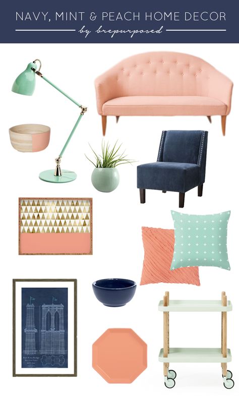 Navy, Mint and Peach Home Decor - Spring Palette - brepurposed Peach Home Decor, Mint Bedroom, Interior Design Minimalist, Home Decor Colors, Casa Vintage, Peachy Keen, Ideas Hogar, Spare Room, Humble Abode