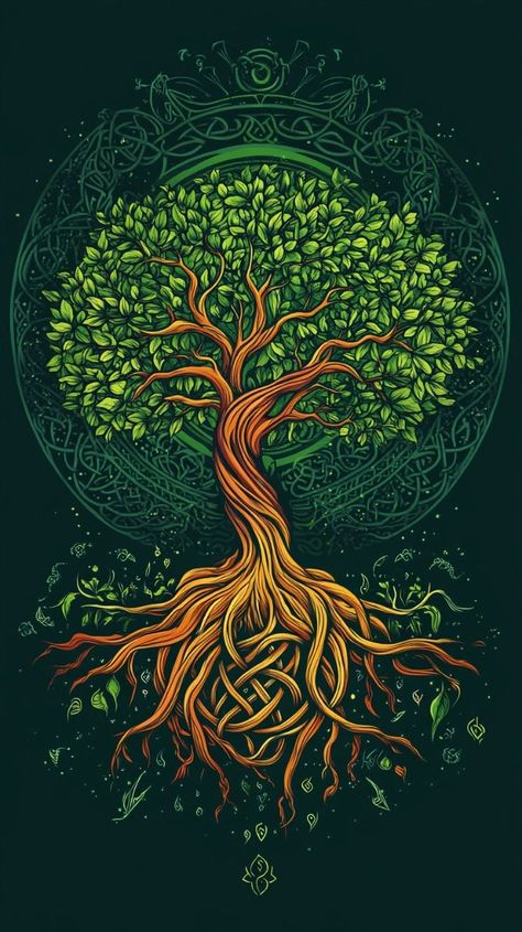 Yggdrasil Illustration, Tree Of Knowledge Art, Tree Roots Illustration, Symbolic Symbols, Yggdrasil Art, Roots Illustration, Viking Signs, Mens Body Tattoos, Nature Symbols