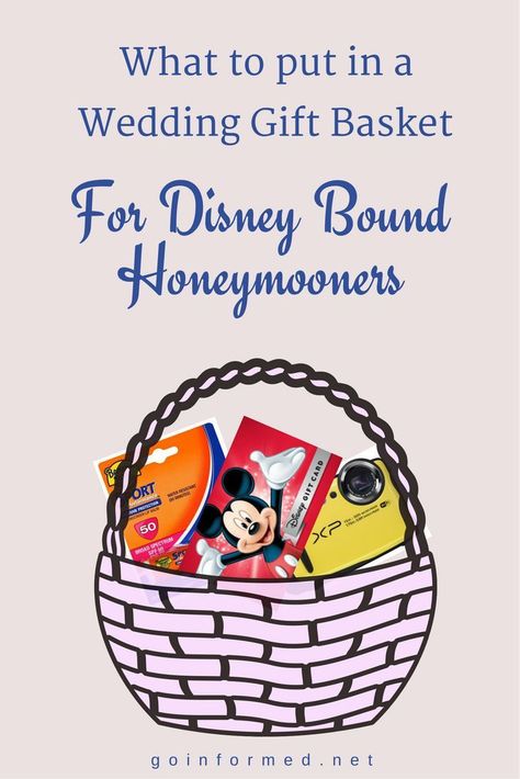 Wedding gift ideas for Disney honeymoons. Small items that are perfect for a wedding gift basket when the bride and groom are heading to Disney. Disney Vacation Surprise, Bridal Shower Baskets, Wedding Gift Basket, Disney Wedding Gifts, Popular Honeymoon Destinations, Honeymoon On A Budget, Disney Surprise, Disney Honeymoon, Disney Cruise Tips