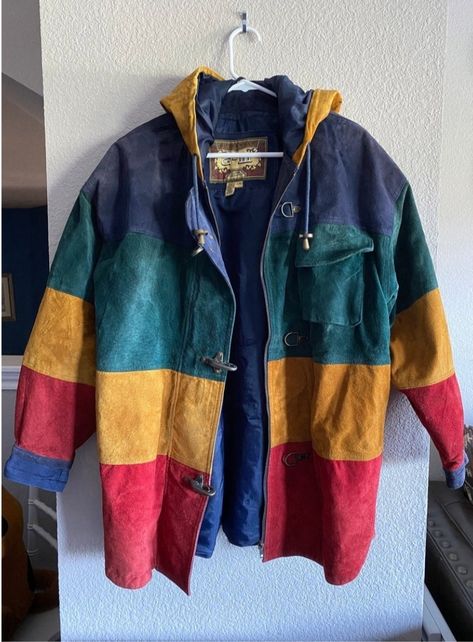 Silly Clothes, Rainbow Vintage, Leather Coat Jacket, 80s Jacket, Color Block Jacket, Mens Fashion Streetwear, Androgynous Fashion, Rainbow Color, Retro Outfits