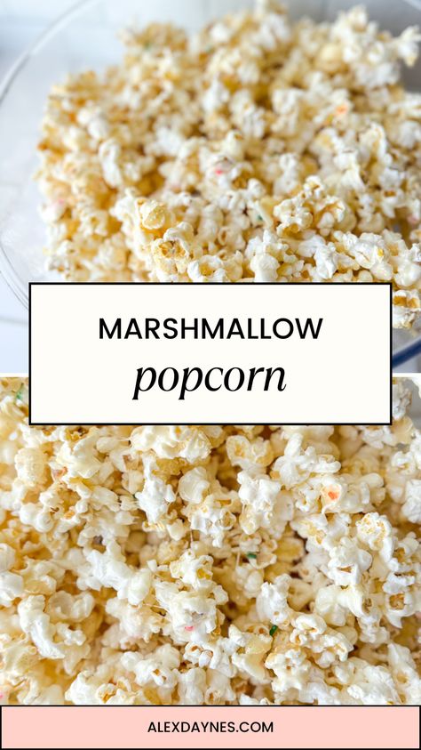 This Marshmallow Popcorn is sticky, sweet, and irresistible. It's soft and gooey, making it the perfect treat! This recipe only requires 3 ingredients plus any flavorings you like to add. You can turn it into cake batter marshmallow popcorn by adding treated cake mix! It's simple to make and often a crowd favorite. Make it with me! Marshmello Popcorn Recipes, Marshmellow Popcorn Easy, Popcorn Fluff, Marshmallow Popcorn Recipes, Recipes Using Marshmallows, Marshmallow Caramel Popcorn, Fluffy Popcorn, Flavored Popcorn Recipes, Melting Marshmallows