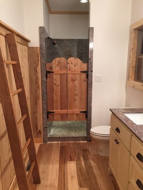 Rustic Shower Door, Rustic Shower Door Ideas, Wooden Shower Door, Garage Shower Ideas, Wood Shower Door Ideas, Rustic Shower Ideas Bathroom Farmhouse, Saloon Style Doors, Wood Shower Door, Saloon Doors Bathroom