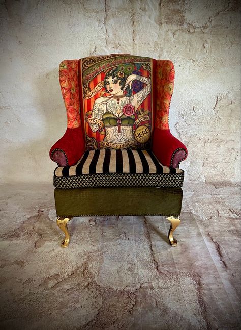 Fun eclectic look for a wongback chair. Unique Upholstered Chairs, Funky Upholstered Chairs, Funky Armchairs, Reupholster Couch Diy, Upholstered Antique Chairs, Eclectic Chair, Armchair Inspiration, Tattooed Lady, Eclectic Chairs